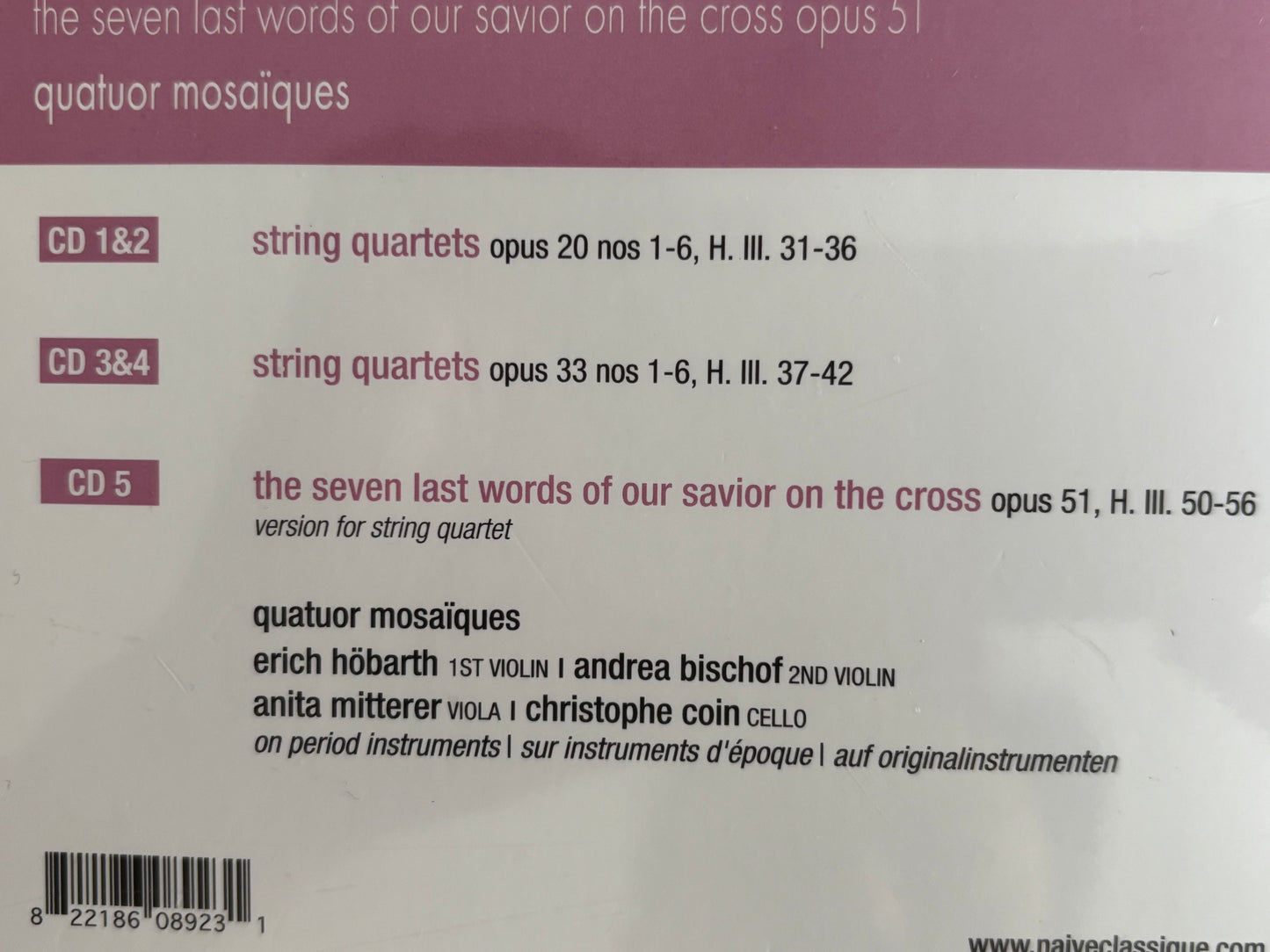 Haydn String Quartets Opus 20 33 Seven Last Words Quatuor Mosaiques 5CD Box Set Naive Sealed
