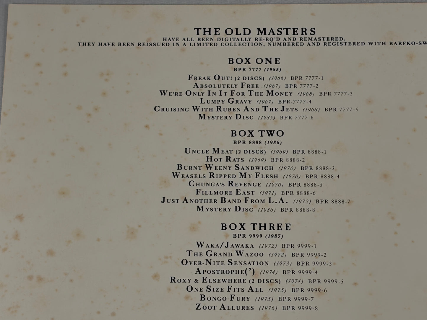 Frank Zappa Old Masters Box Three 8 Title 9 LP Vinyl Box Set 1987 Roxy Zoot Apostrophe
