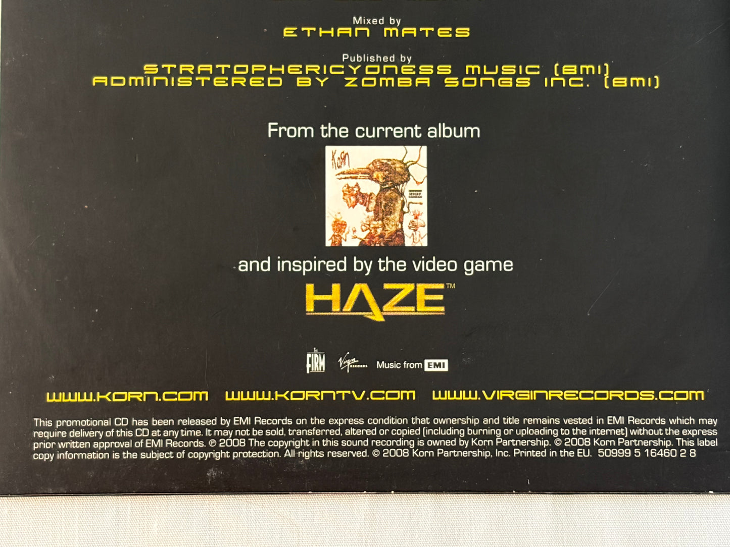 Korn Haze 2008 Promo CD Single Virgin EMI Video Game Song Official Promotional Release