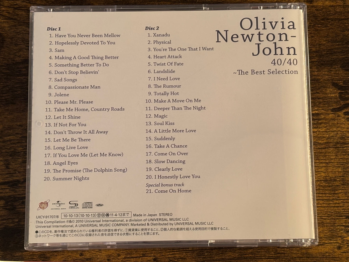 Olivia Newton-John 40/40 The Best Selection 2CD 2010 Japan SHM-CD UICY-91707/8 Bonus Track